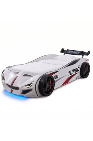 Arabalı Yatak, Turbo GTI Rüzgarlıklı Ledli Arabalı Çocuk Yatağı, 100x190 cm - Beyaz