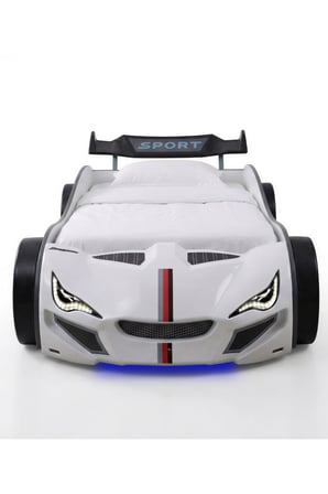 Arabalı Yatak, Turbo GTI Rüzgarlıklı Ledli Arabalı Çocuk Yatağı, 100x190 cm - Beyaz