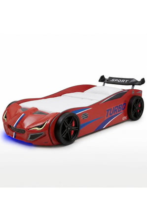 Arabalı Yatak, Turbo GTI Rüzgarlıklı Ledli Arabalı Çocuk Yatağı, 100x190 cm - Kırmızı