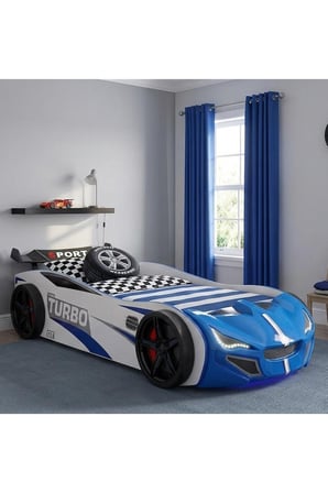 Arabalı Yatak, Turbo GTI Rüzgarlıklı Ledli Arabalı Çocuk Yatağı, 100x190 cm - Mavi