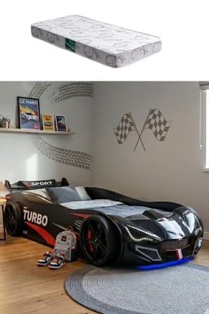 Arabalı Yatak, Turbo GTI Rüzgarlıklı Ledli Arabalı Çocuk Yatağı, 100x190 cm - Siyah - 1 Adet Comfort Yatak