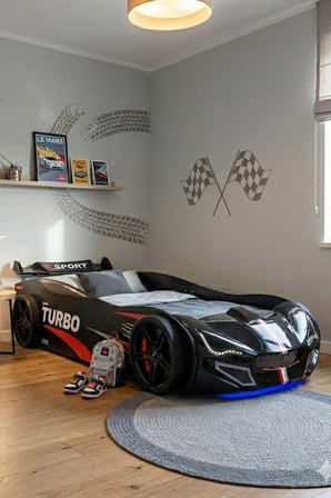 Arabalı Yatak, Turbo GTI Rüzgarlıklı Ledli Arabalı Çocuk Yatağı, 100x190 cm - Siyah - 1 Adet Comfort Yatak