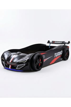 Arabalı Yatak, Turbo GTI Rüzgarlıklı Ledli Arabalı Çocuk Yatağı, 100x190 cm - Siyah - 1 Adet Comfort Yatak