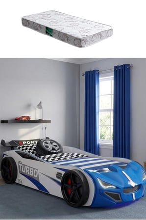 Arabalı Yatak, Turbo GTI Rüzgarlıklı Ledli Arabalı Çocuk Yatağı, 100x190 cm - Mavi - 1 Adet Comfort Yatak