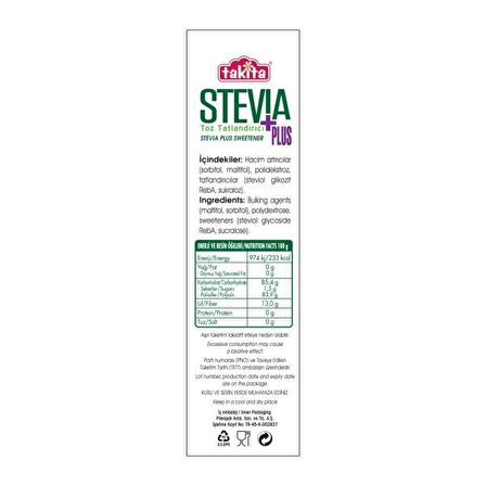 Takita Stevia Plus Toz Tatlandırıcı 250 Gr 2 Adet