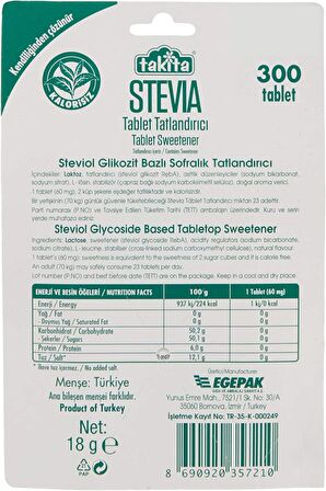 Takita Stevia Tablet Doğal Tatlandırıcı 300 Tablet 18 gr