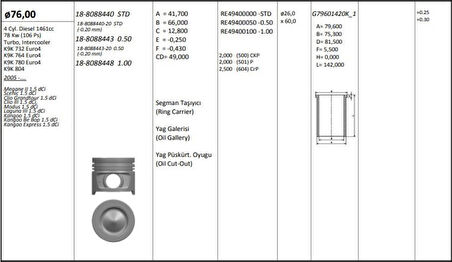 Nissan Motor Piston+segmanı Megane II Scenic Clio III Modus Laguna III Kangoo (1.5dci Euro4 K9k) [(76.00mm) - Kingpiston 18-8088443