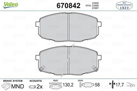 Kia Fren Balatası On Hyundaı İ30 07-12 Kia Ceed 07-12 Carens 02-06 (130*58*18) - Valeo 670842