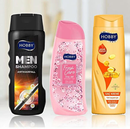 HOBBY 3'Lü Set: Men Şampuan Saç Dökülmesine Karşı Etkili Şampuan + Fresh Care Kiraz Çiçeği Duş Jeli +  Klasik Saç Kremi
