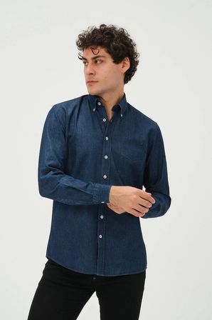 Erkek Lacivert Denim Regular Fit Uzun Kol Gömlek