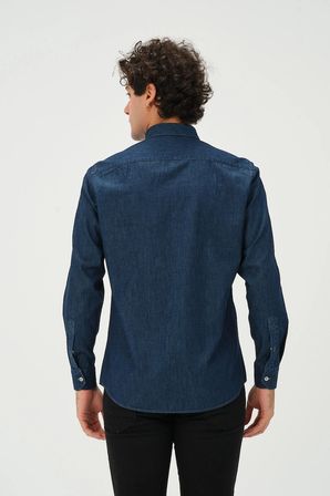 Erkek Lacivert Denim Regular Fit Uzun Kol Gömlek