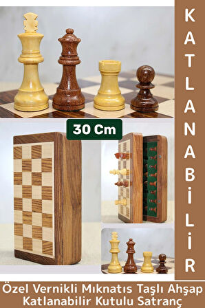 Premium Yüksek Kaliteli Özel Vernikli Mıknatıs Taşlı Ahşap Katlanabilir Kutulu Satranç Takımı 30 Cm