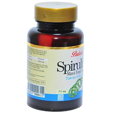 Balen Spirulina Kapsülü Mavi Yeşil Alg 375mg x 80 Kapsül