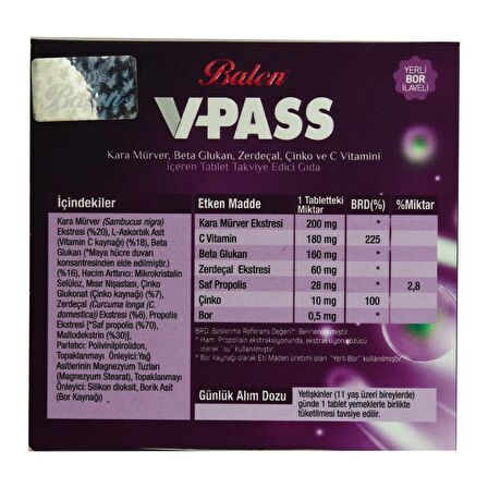 Balen V-Pass Tablet Kara Mürverli Zerdeçallı Çinko C Vitamini 30