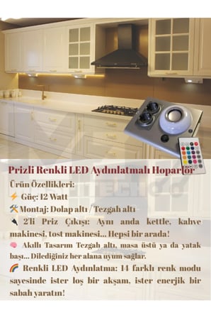 Masfitech Tezgah Altı Bluetooth Müzik Çalar Priz Uzatma Kablolu Füme