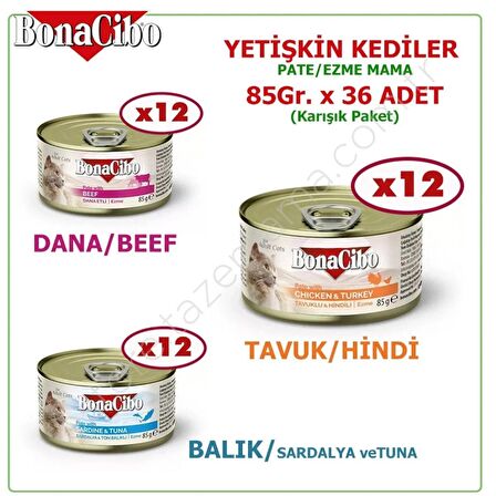 BONACİBO EZME FORMUNDA YETİŞKİN KEDİ TAM YAŞ MAMA 85 Gr X 36 ADET, Tavuk/Hindi, Dana, Sardalya/Tuna Balıklı