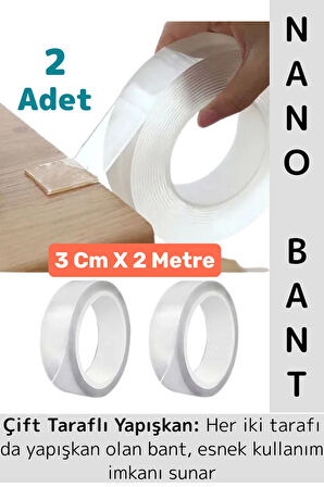Ultra Güçlü Esnek Kesilebilir Kolay Kullanım Estetik Çift Taraflı Nano Şeffaf Bant 3 CmX2 Metre 2 Ad