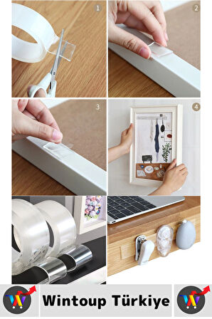 Ultra Güçlü Esnek Kesilebilir Kolay Kullanım Estetik Çift Taraflı Nano Şeffaf Bant 3 CmX2 Metre 3 Ad