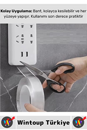 Ultra Güçlü Esnek Kesilebilir Kolay Kullanım Estetik Çift Taraflı Nano Şeffaf Bant 3 CmX2 Metre 3 Ad