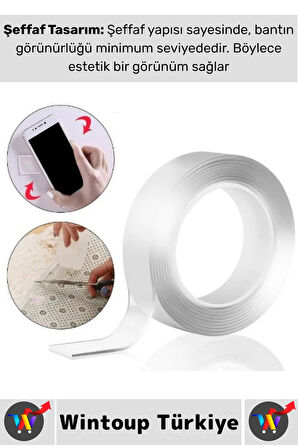 Ultra Güçlü Esnek Kesilebilir Kolay Kullanım Estetik Çift Taraflı Nano Şeffaf Bant 3 CmX2 Metre 3 Ad