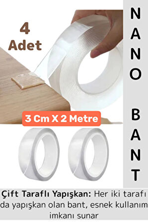 Ultra Güçlü Esnek Kesilebilir Kolay Kullanım Estetik Çift Taraflı Nano Şeffaf Bant 3 CmX2 Metre 4 Ad