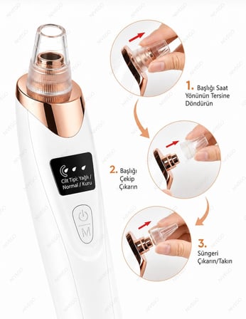 AHM Vakumlu Derma Siyah Nokta Temizleme Cihazı LCD Ekranlı 5 Başlıklı 3 Kademeli Güç Ayarlı USB Şarjlı Gözenek Temizleyici Yüz Bakım Cihazı