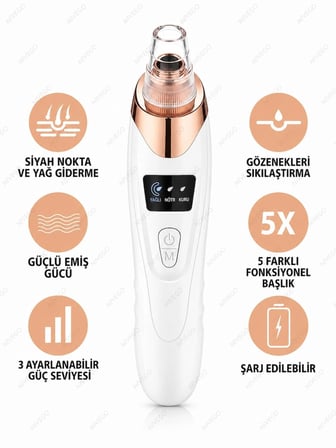 AHM Vakumlu Derma Siyah Nokta Temizleme Cihazı LCD Ekranlı 5 Başlıklı 3 Kademeli Güç Ayarlı USB Şarjlı Gözenek Temizleyici Yüz Bakım Cihazı