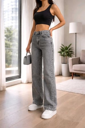 Hsn Kadın Füme Salaş Likralı Bel Salaş Jean Pantolon New Sezon-2
