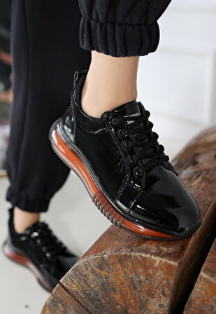 Pabucmarketi Siyah Rugan Turuncu Tabanlı Kadın Sneaker Ayakkabı