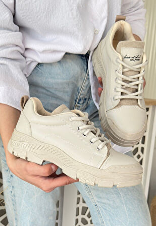 Pabucmarketi Bej Suni Deri Bağcıklı Kadın Sneaker Ayakkabı