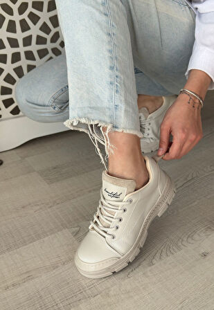 Pabucmarketi Bej Suni Deri Bağcıklı Kadın Sneaker Ayakkabı