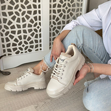 Pabucmarketi Bej Suni Deri Bağcıklı Kadın Sneaker Ayakkabı
