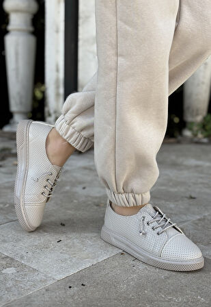 Pabucmarketi Bej Suni Deri Bağcıklı Kadın Sneaker Ayakkabı