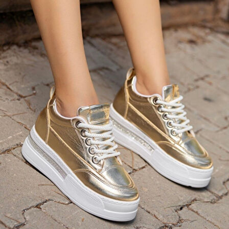 Pabucmarketi Sarı Rugan Bağcıklı Kadın Sneaker Ayakkabı