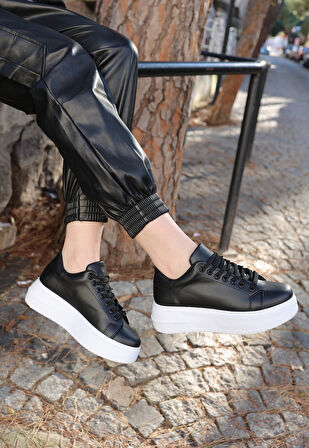 Pabucmarketi Siyah Suni Deri Beyaz Tabanlı Bağcıklı Kadın Sneaker Ayakkabı
