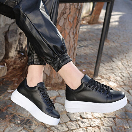 Pabucmarketi Siyah Suni Deri Beyaz Tabanlı Bağcıklı Kadın Sneaker Ayakkabı