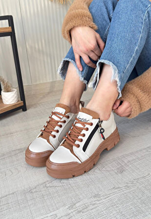 Pabucmarketi Bej Suni Deri Taba Tabanlı Bağcıklı Kadın Sneaker Ayakkabı