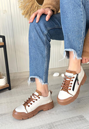 Pabucmarketi Bej Suni Deri Taba Tabanlı Bağcıklı Kadın Sneaker Ayakkabı