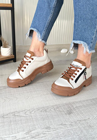 Pabucmarketi Bej Suni Deri Taba Tabanlı Bağcıklı Kadın Sneaker Ayakkabı