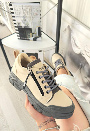 Pabucmarketi Bej Suni Deri Gri Tabanlı Bağcıklı Kadın Sneaker Ayakkabı