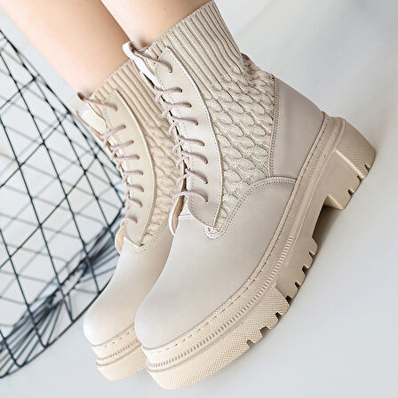 Pabucmarketi Kadın Bej Suni Deri Bağcıklı Bot