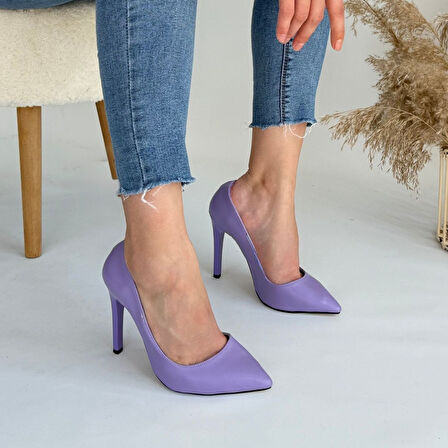 Pabucmarketi Lila Suni Deri Stiletto Kadın Ayakkabı