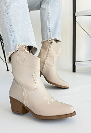 Pabucmarketi Bej Suni Deri Topuklu Kadın Bot