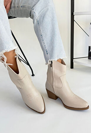 Pabucmarketi Bej Suni Deri Topuklu Kadın Bot