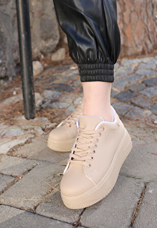 Pabucmarketi Nut Nude Suni Deri Bağcıklı Kadın Sneaker Ayakkabı