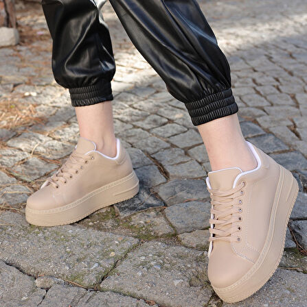 Pabucmarketi Nut Nude Suni Deri Bağcıklı Kadın Sneaker Ayakkabı