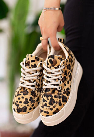 Pabucmarketi Leopar Renkli Süet Bağcıklı Kadın Sneaker Ayakkabı