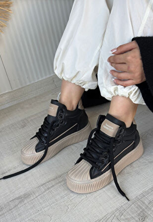 Pabucmarketi Siyah Suni Deri Nude Detaylı Bağcıklı Kadın Sneaker Ayakkabı