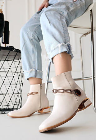 Pabucmarketi Bej Suni Deri Topuklu Kadın Bot