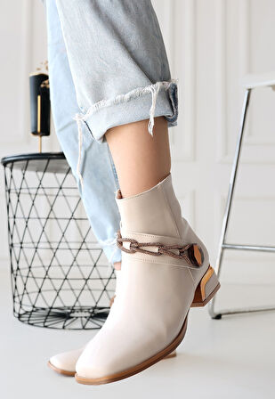 Pabucmarketi Bej Suni Deri Topuklu Kadın Bot